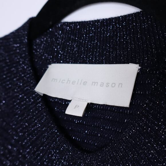 MICHELLE MASON Metallic Twist Ribbed Sweater Navy Asymmetric Hem Women's P/US 2 - Picture 11 of 13
